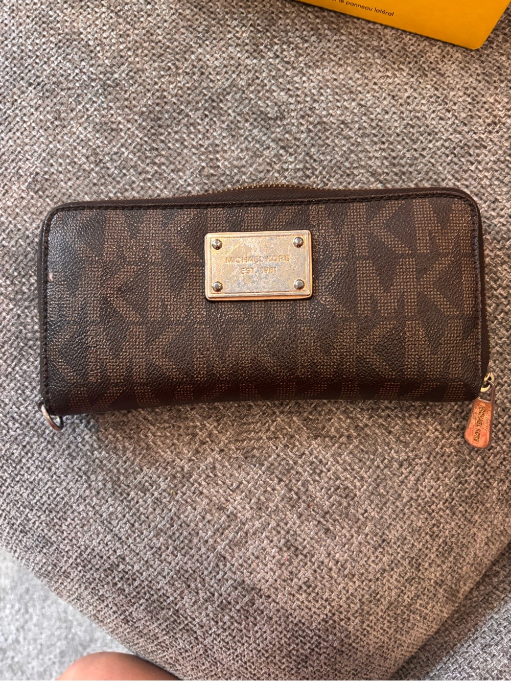 Michael Kors Brown MK Logo Zip Wallet with Gold Plate